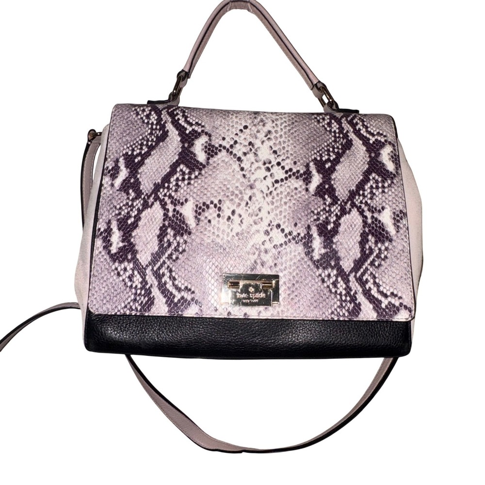 Kate Spade Snakeskin Print Leather Top Handle Satchel Black Blush Shoulder Bag